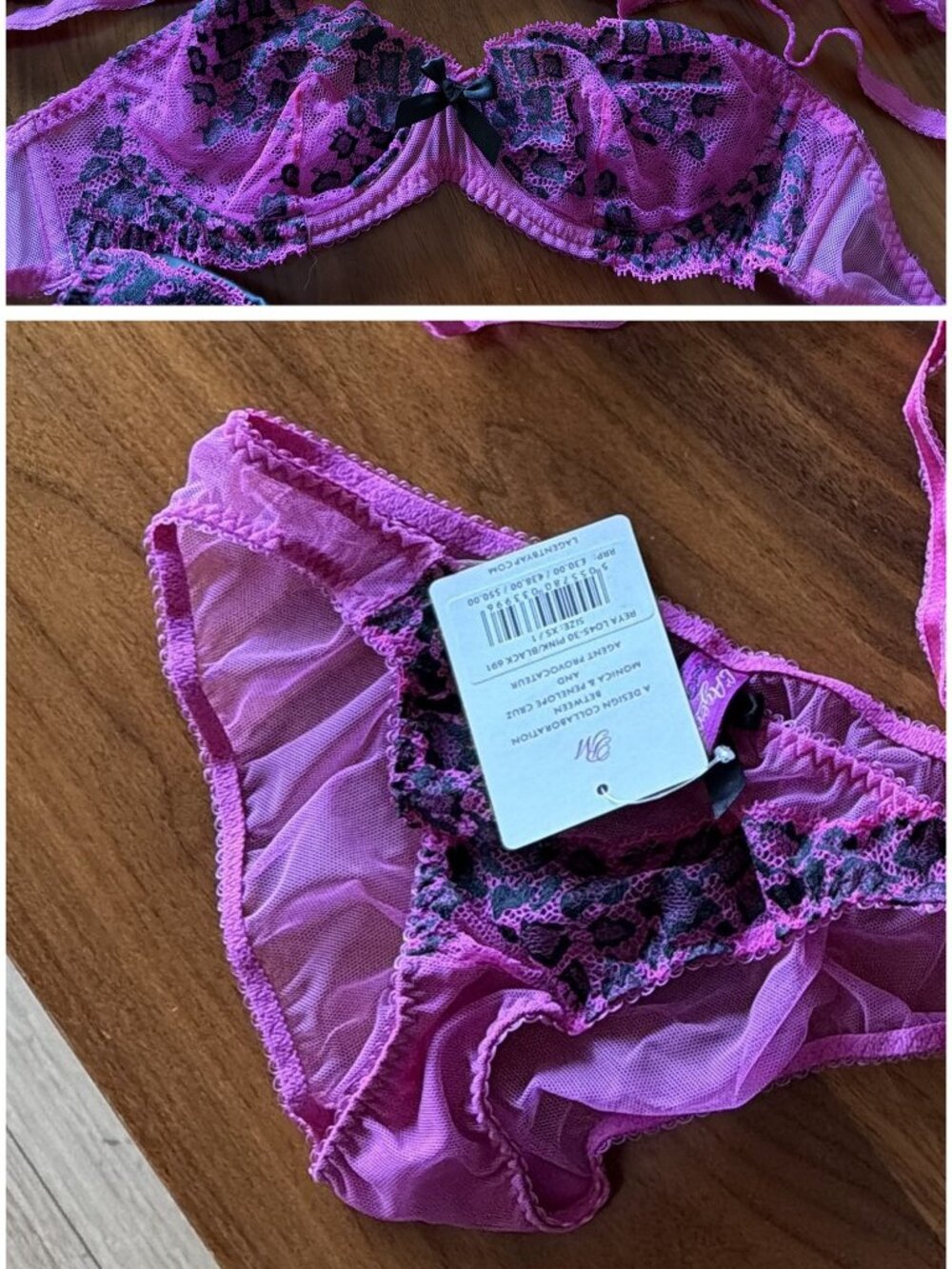 L'Agent by Agent Provocateur Reya NWT 36B Bra + Brief XS Pink Black Lace